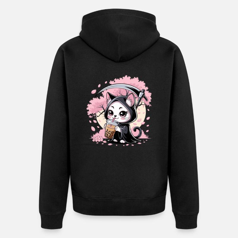 Sensenmann Anime Katze Kirschblüte - Unisex Premium Bio Zip Hoodie - Schwarz