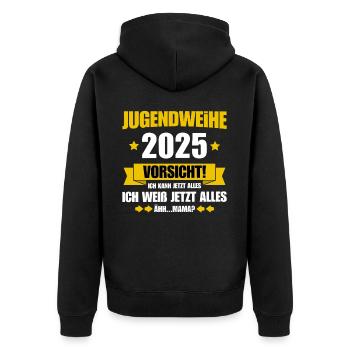 Jugendweihe 2025 Ich kann jetzt alles - Mama - Unisex Premium Bio Zip Hoodie - Schwarz - Hinten - Nico (187cm)