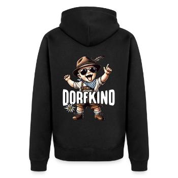 Dorfkind T-Shirt Herren Trachtenshirt Dorfkinder - Unisex Premium Bio Zip Hoodie - Schwarz - Hinten - Nico (187cm)