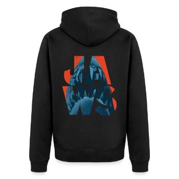 Der Weiße Hai Jaws Logo Mit Haigebiss - Unisex Premium Bio Zip Hoodie - Schwarz - Hinten - Nico (187cm)