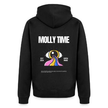Molly Time Open-Mind Festival Rave Trippy Techno - Unisex Premium Bio Zip Hoodie - Schwarz - Hinten - Nico (187cm)