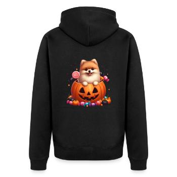 Pomeranian im Halloweenkürbis - Unisex Premium Bio Zip Hoodie - Schwarz - Hinten - Nico (187cm)