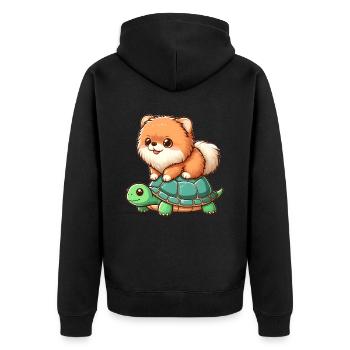 Pomeranian on Turtle Ride - Unisex Premium Organic Zip Hoodie - black - Back - Nico (187cm)