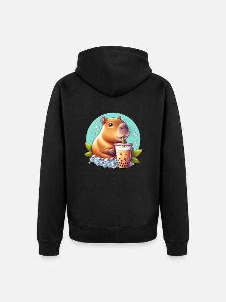 Capybara Enjoys Bubble Tea - Unisex Premium Organic Zip Hoodie - black