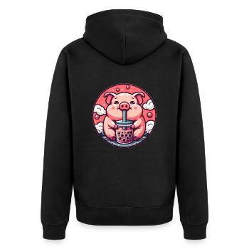 Schwein genießt Bubble Tea - Unisex Premium Bio Zip Hoodie - Schwarz - Hinten - Nico (187cm)