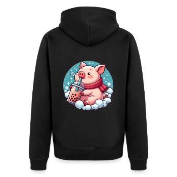 Schwein genießt Bubble Tea - Unisex Premium Bio Zip Hoodie - Schwarz - Hinten - Nico (187cm)