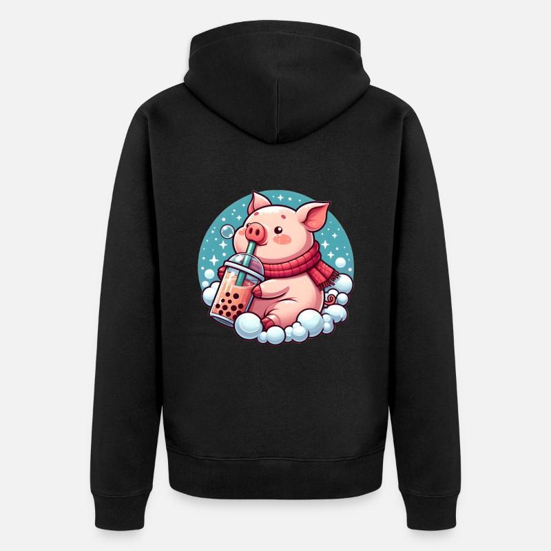 Schwein genießt Bubble Tea - Unisex Premium Bio Zip Hoodie - Schwarz
