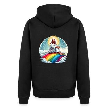 Jesus auf Regenbogen - Unisex Premium Bio Zip Hoodie - Schwarz - Hinten - Nico (187cm)