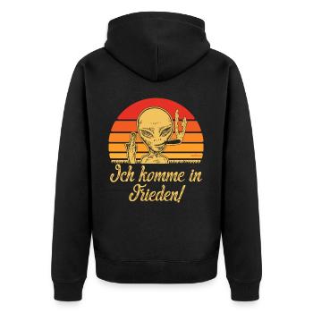 Alien "Ich komme in Frieden" - Unisex Premium Bio Zip Hoodie - Schwarz - Hinten - Nico (187cm)
