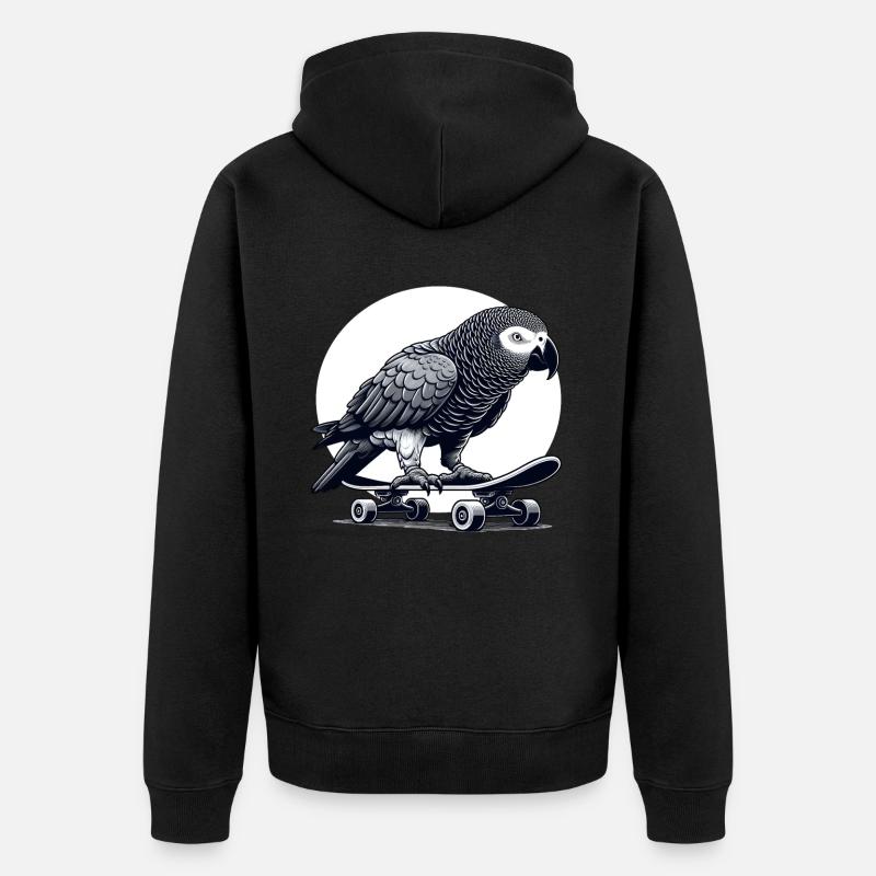Perroquet gris africain sur skateboard - Veste à capuche bio Premium Unisexe - noir