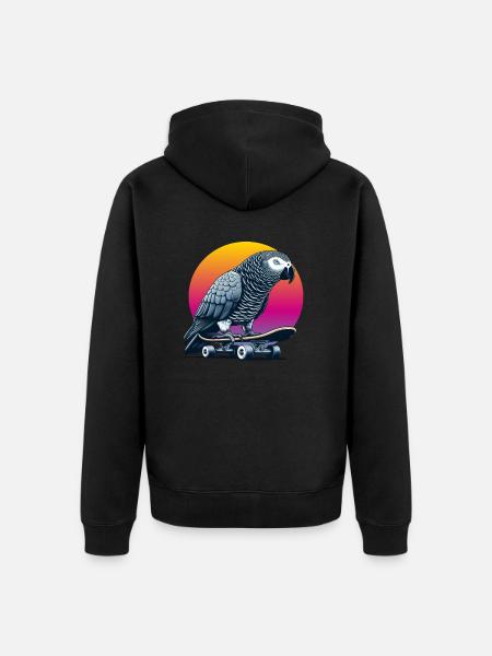 Graupapagei auf Skateboard - Unisex Premium Bio Zip Hoodie - Schwarz