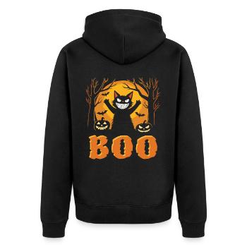 Happy Halloween Katze - Gruselig grinsen - BOO - Unisex Premium Bio Zip Hoodie - Schwarz - Hinten - Nico (187cm)
