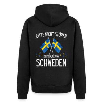 Bitte nicht stören ich träume von Schweden - Unisex Premium Bio Zip Hoodie - Schwarz - Hinten - Nico (187cm)