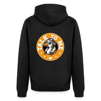SPRICH MIT MIR, GANS - Unisex Premium Bio Zip Hoodie - Schwarz - Hinten - Nico (187cm)