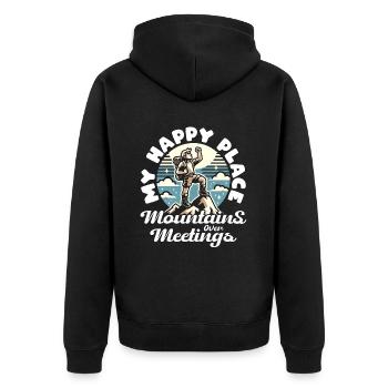 MY HAPPY PLACE: MOUNTAINS OVER MEETINGS - Unisex Premium Organic Zip Hoodie - black - Back - Nico (187cm)