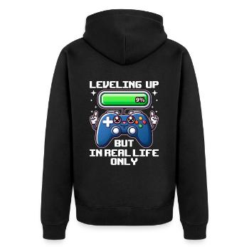 LEVELAUFSTEIGEN, ABER NUR IM ECHTEN LEBEN - Unisex Premium Bio Zip Hoodie - Schwarz - Hinten - Nico (187cm)