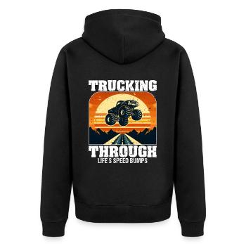 TRUCKING THROUGH LIFE'S SPEED BUMPS - Unisex Premium Organic Zip Hoodie - black - Back - Nico (187cm)