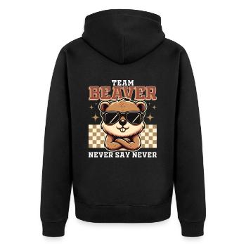 TEAM BEAVER - SAG NIEMALS NIE - Unisex Premium Bio Zip Hoodie - Schwarz - Hinten - Nico (187cm)