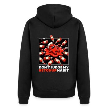 VERURTEILE MEINE KETCHUP-GEWOHNHEIT NICHT - Unisex Premium Bio Zip Hoodie - Schwarz - Hinten - Nico (187cm)