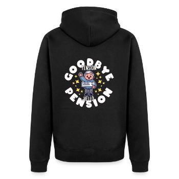 RETIRED: GOODBYE TENSION HELLO PENSION - Unisex Premium Organic Zip Hoodie - black - Back - Nico (187cm)