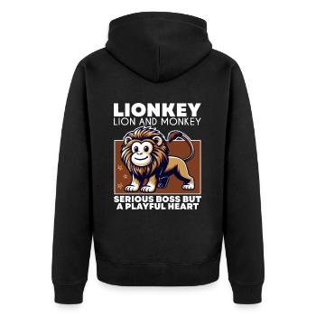 SERIOUS LEADER BUT A PLAYFUL HEART - LION & MONKEY - Unisex Premium Organic Zip Hoodie - black - Back - Nico (187cm)