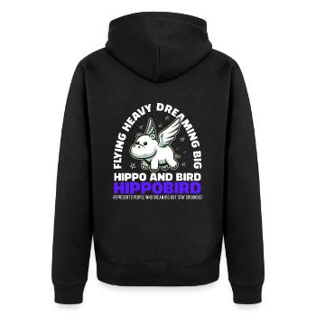 FLYING HEAVY DREAMING BIG - HIPPO AND BIRD - Unisex Premium Organic Zip Hoodie - black - Back - Nico (187cm)