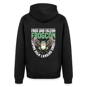 SPRINGENDE HOCHLANDUNG GLATT - FROSCH UND FALKE - Unisex Premium Bio Zip Hoodie - Schwarz - Hinten - Nico (187cm)