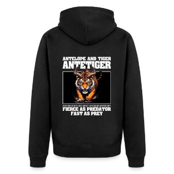 WILD WIE EIN RAUBTIER, SCHNELL WIE EINE BEUTE - ANTILOPE & TIGER - Unisex Premium Bio Zip Hoodie - Schwarz - Hinten - Nico (187cm)