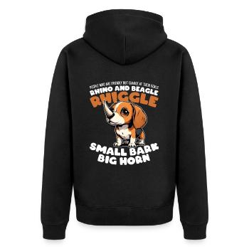 SMALL BARK, BIG HORN - RHINO AND BEAGLE - RHIGGLE - Unisex Premium Organic Zip Hoodie - black - Back - Nico (187cm)