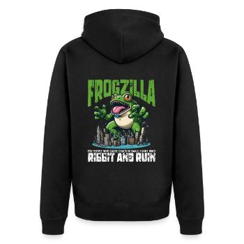 RIBBIT UND RUINE - FROGZILLA - Unisex Premium Bio Zip Hoodie - Schwarz - Hinten - Nico (187cm)