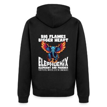 BIG FLAMES, BIGGER HEART - ELEPHOENIX - Unisex Premium Organic Zip Hoodie - black - Back - Nico (187cm)