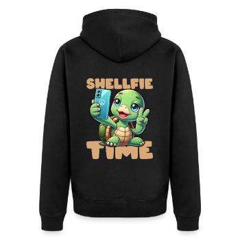 SHELLFIE-ZEIT! - Unisex Premium Bio Zip Hoodie - Schwarz - Hinten - Nico (187cm)