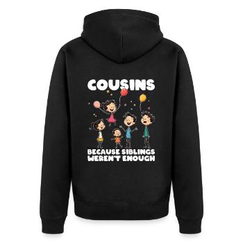 COUSINS - WEIL GESCHWISTER NICHT GENUG WAREN - Unisex Premium Bio Zip Hoodie - Schwarz - Hinten - Nico (187cm)