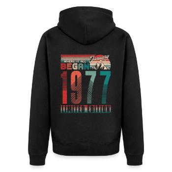 Anniversaire 1977 Vintage Janvier Cadeau Rétro - Veste à capuche bio Premium Unisexe - noir - Dos - Nico (187cm)