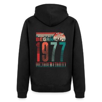 Anniversaire 1977 Vintage Juin Cadeau Rétro - Veste à capuche bio Premium Unisexe - noir - Dos - Nico (187cm)