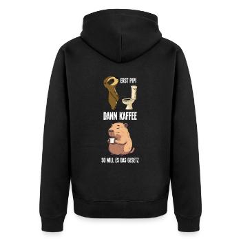Faultier Capybara Erst Pinkeln Dann Kaffee Morgen - Unisex Premium Bio Zip Hoodie - Schwarz - Hinten - Nico (187cm)