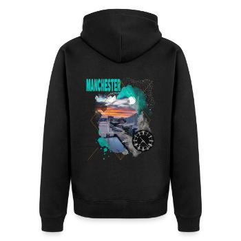 Manchester England UK Stadt Skyline Vintage Retro - Unisex Premium Bio Zip Hoodie - Schwarz - Hinten - Nico (187cm)