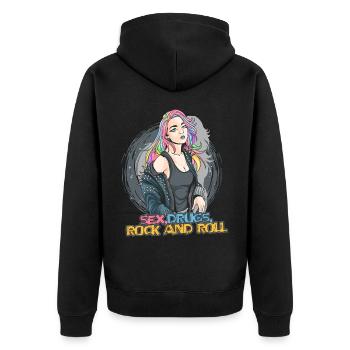 Sex Drugs Rocknroll Schädel Iro Punk Rock Musik - Unisex Premium Bio Zip Hoodie - Schwarz - Hinten - Nico (187cm)