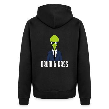 Drumming Shirt For Drummers "Drum & Bass Alien" - Unisex Premium Bio Zip Hoodie - Schwarz - Hinten - Nico (187cm)