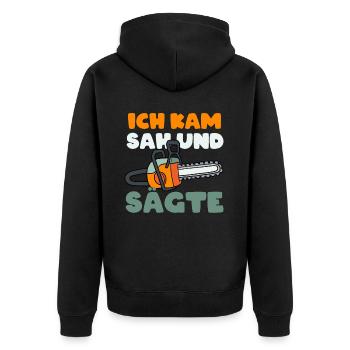 Ich Kam Sah Und Sägte - Unisex Premium Bio Zip Hoodie - Schwarz - Hinten - Nico (187cm)
