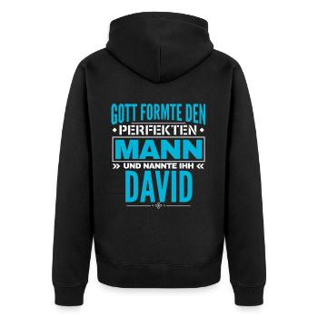 David Name Design - Unisex Premium Bio Zip Hoodie - Schwarz - Hinten - Nico (187cm)