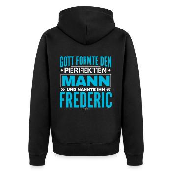 Frederic Name Design - Unisex Premium Bio Zip Hoodie - Schwarz - Hinten - Nico (187cm)
