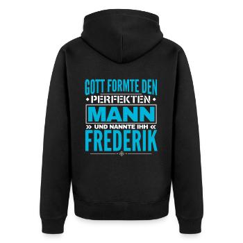 Frederik Name Design - Unisex Premium Bio Zip Hoodie - Schwarz - Hinten - Nico (187cm)