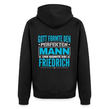 Friedrich Name Design - Unisex Premium Bio Zip Hoodie - Schwarz - Hinten - Nico (187cm)