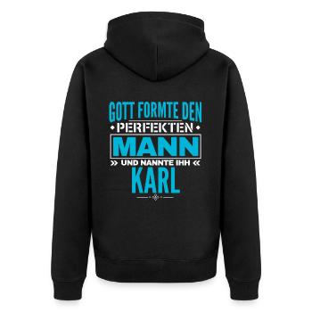 Karl Name Design - Unisex Premium Bio Zip Hoodie - Schwarz - Hinten - Nico (187cm)