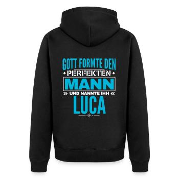 Luca Name Design - Unisex Premium Bio Zip Hoodie - Schwarz - Hinten - Nico (187cm)