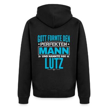 Lutz Name Design - Unisex Premium Bio Zip Hoodie - Schwarz - Hinten - Nico (187cm)