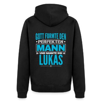 Lukas Name Design - Unisex Premium Bio Zip Hoodie - Schwarz - Hinten - Nico (187cm)