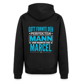 Marcel Name Design - Unisex Premium Bio Zip Hoodie - Schwarz - Hinten - Nico (187cm)