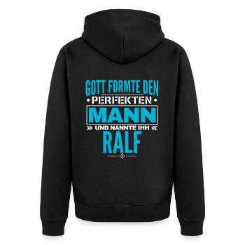 Ralf Name Design - Unisex Premium Bio Zip Hoodie - Schwarz - Hinten - Nico (187cm)